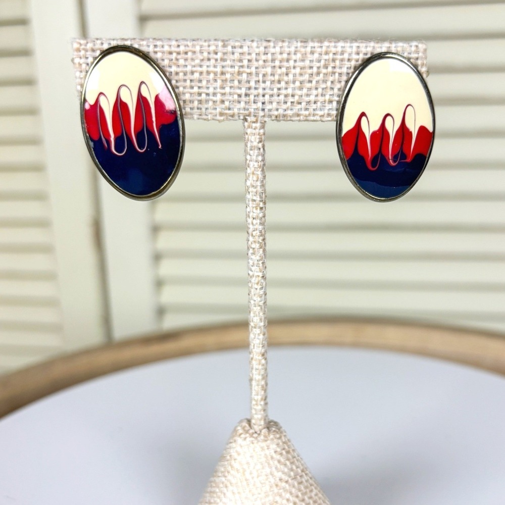 Modernist Red Navy Cream Enamel Oval Stud Earrings Drip Design‎ Vintage Style